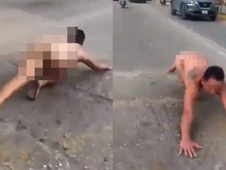 VIDEO: Captan a hombre desnudo comportándose extraño en medio del tráfico en Tulum; ¿drogas?