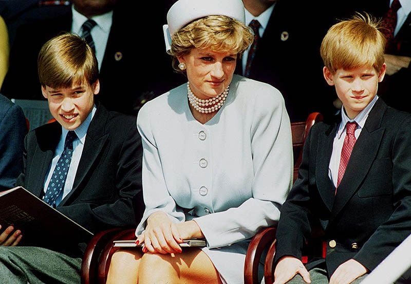 LONDON - MAY 7: (FILE PHOTO) Princess Diana, Princess of Wales with her sons Prince William and Prince Harry attend the Heads of State VE Remembrance Service in Hyde Park on May 7, 1995 in London, England.   (Photo by Anwar Hussein/Getty Images)  