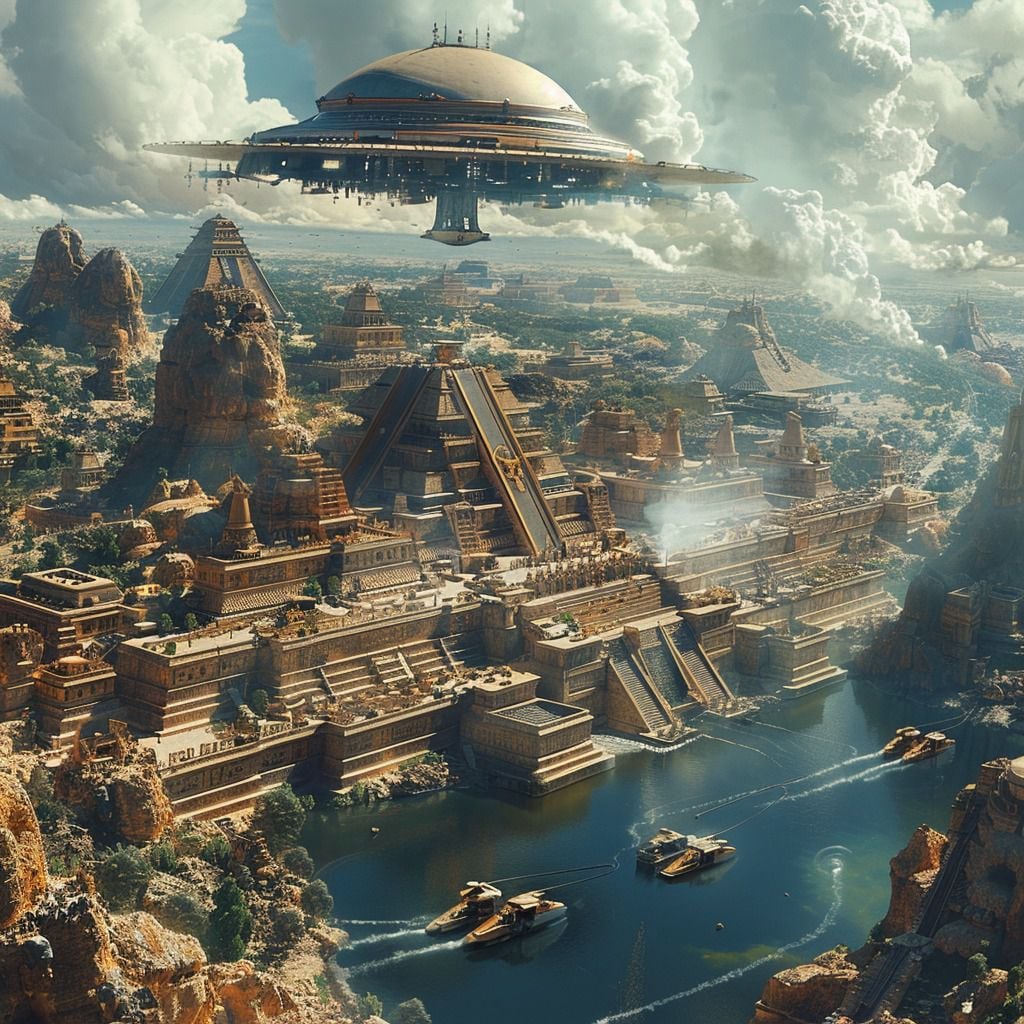 Innovación en el pasado: Autos voladores y naves nodrizas alienígenas adornan el cielo de la civilización azteca del siglo XXI.