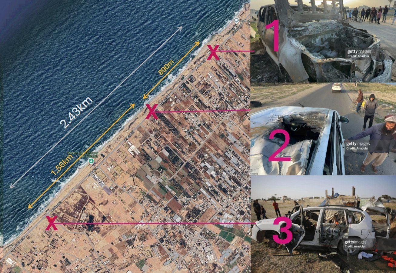 Imágenes satelitales que muestran la distancia entre cada vehículo WCK bombardeado | FOTO Twitter