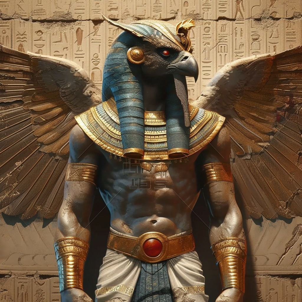 Descubriendo la majestuosidad: La IA de Midjourney da vida a Horus, dios del cielo y la realeza egipcia.