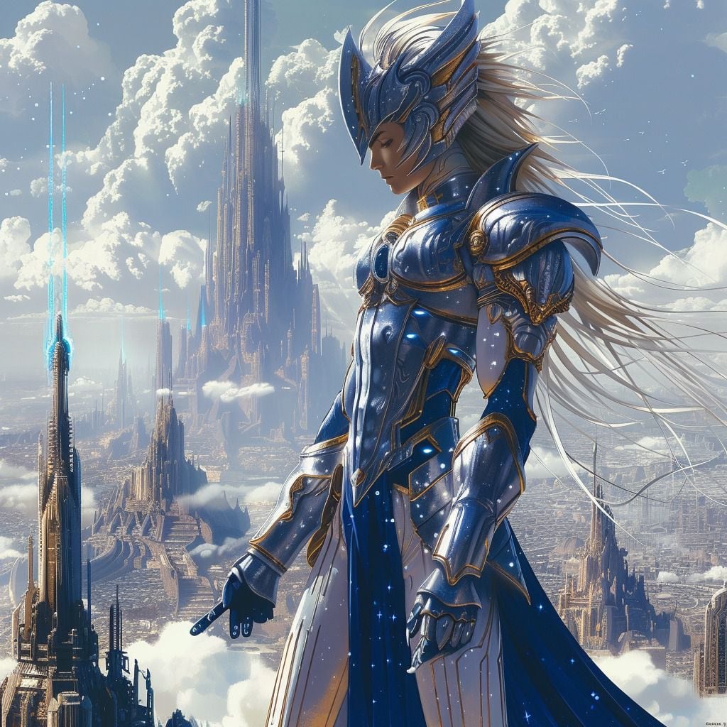 Fenrir, vestido en una impresionante armadura azul, emerge como un protector feroz al servicio de Hilda en esta interpretación digital realista.