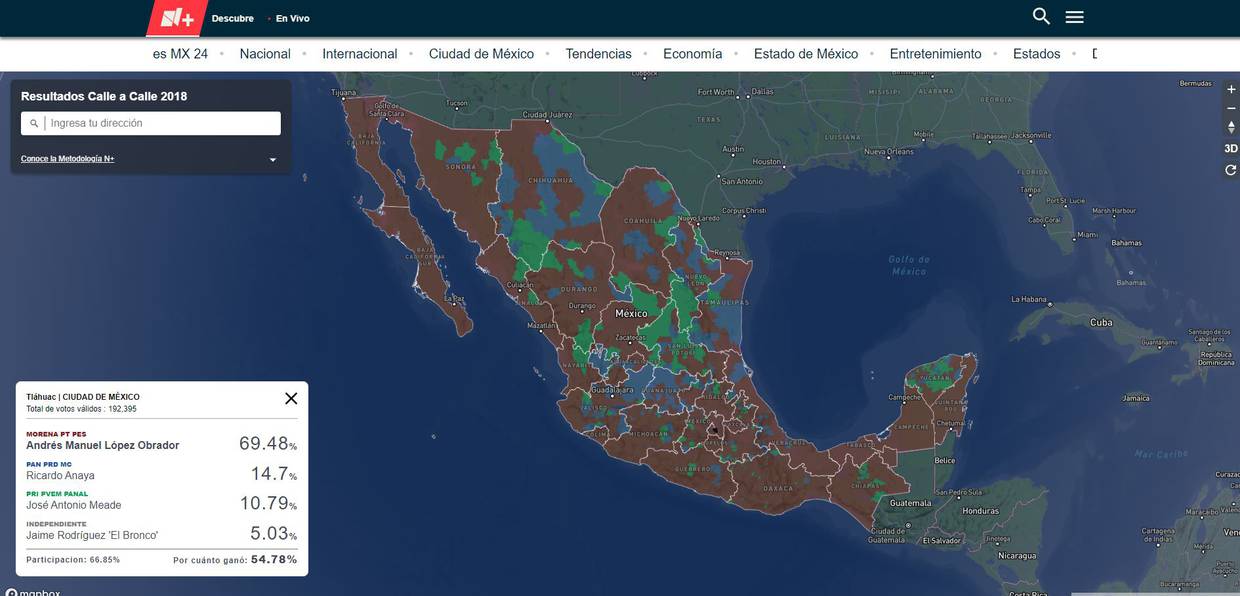 N+, el portal de internet del canal de televisión Televisa, elaboró un mapa de México donde se puede ver cómo votó tu colonia en las elecciones del 2018.