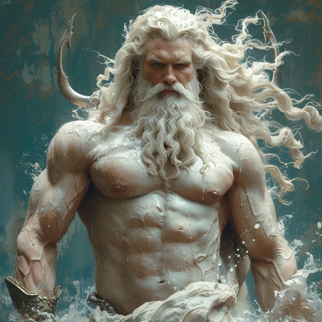 Midjourney da vida a Poseidón, el dios antiguo, con una mirada fresca y moderna, capturando su esencia en cada detalle.