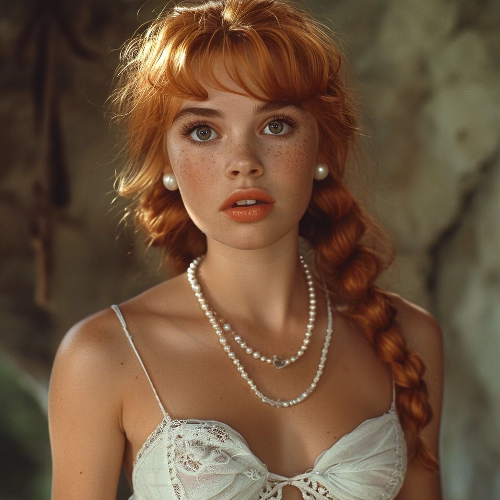 Elegancia en Perlas: La IA ha dotado a Vilma de un toque de elegancia con un collar de perlas que resalta su estilo único.