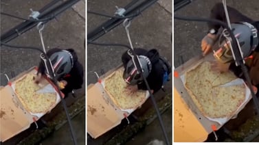 VIDEO: Repartidor se come pedazo de pizza y lo disimula haciéndola más pequeña
