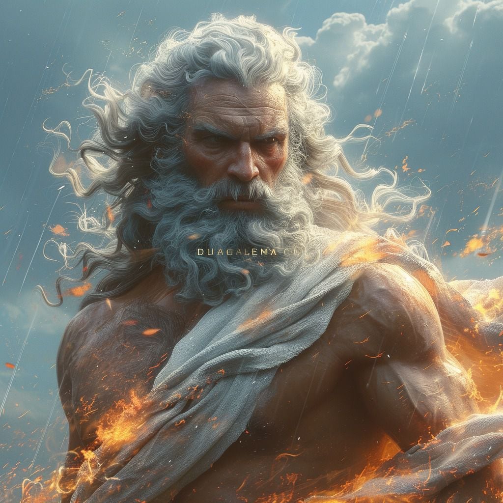 Familia Divina: Zeus, hijo de Cronos y Rea, retratado junto a los dioses del Olimpo, enfatizando su papel como padre de una divina familia.