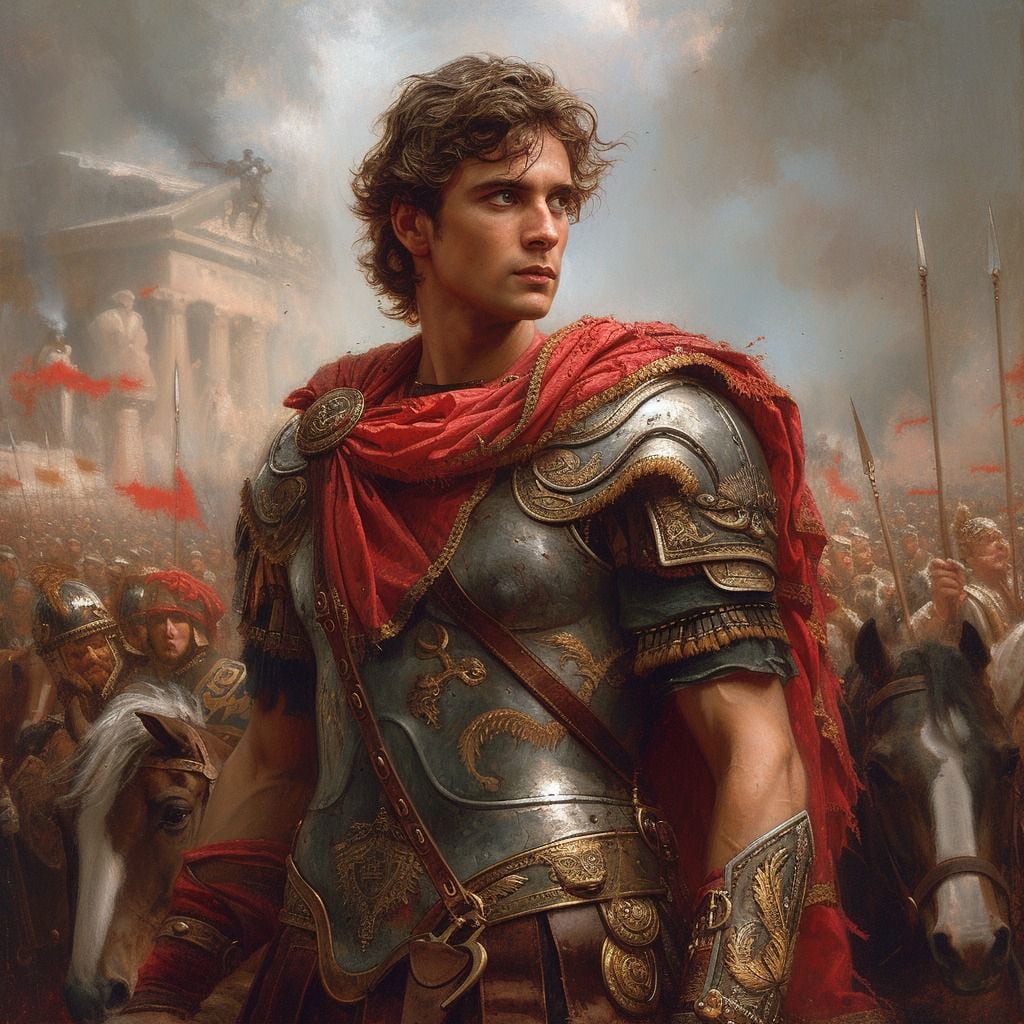 La representación digital revela a un Alejandro Magno con un traje militar imponente y cabello ondulado.