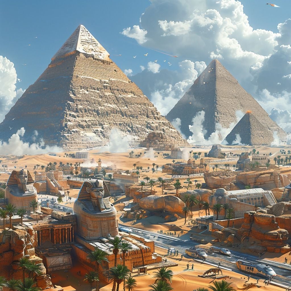 Un viaje visual al Egipto del 2500: calles llenas de movimiento, pirámides iluminadas y una síntesis arquitectónica entre la modernidad y la herencia egipcia.