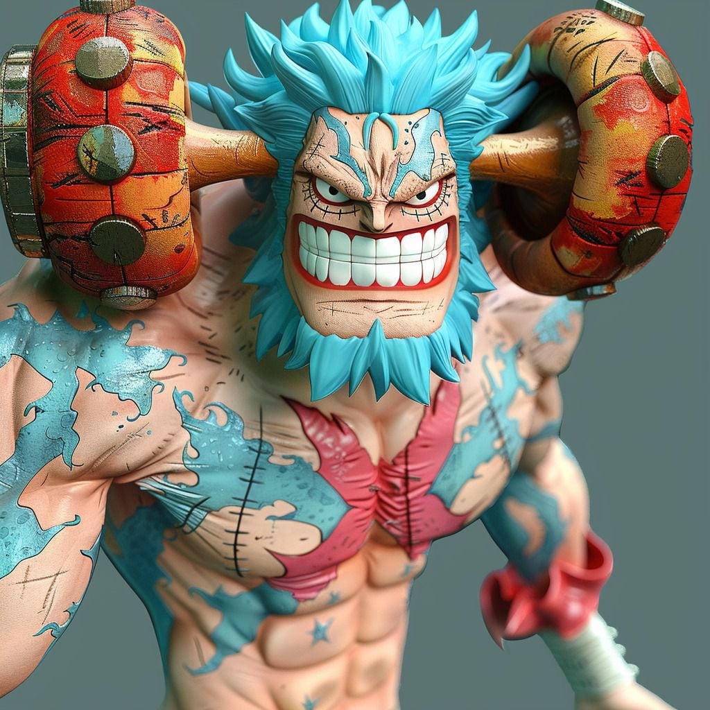 La inteligencia artificial de Midjourney da vida a Franky de One Piece con una sonrisa deslumbrante y un estilo único, destacando su cabello azul y brazos imponentes.