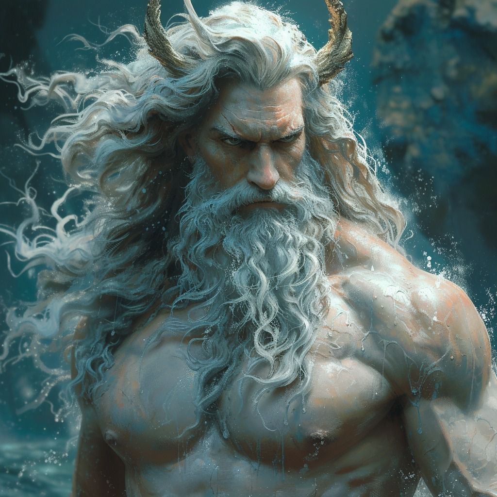 La inteligencia artificial le da vida a Poseidón con cabellos blancos y musculatura imponente, revelando su poder divino.