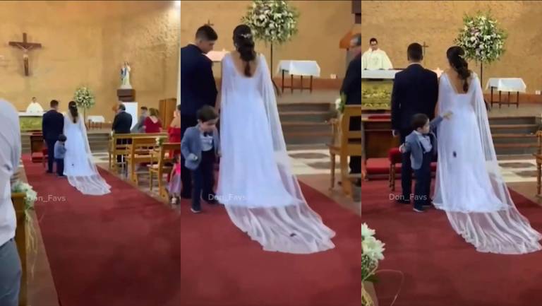 VIDEO: este niño utiliza el vestido de la novia como rampa para jugar con sus carritos en plena boda