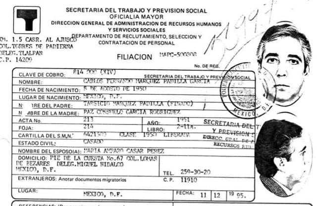 Imagen del expediente del difunto esposo de María Amparo Casar, Carlos Fernando Márquez Padilla, ex trabajador de Pemex.
