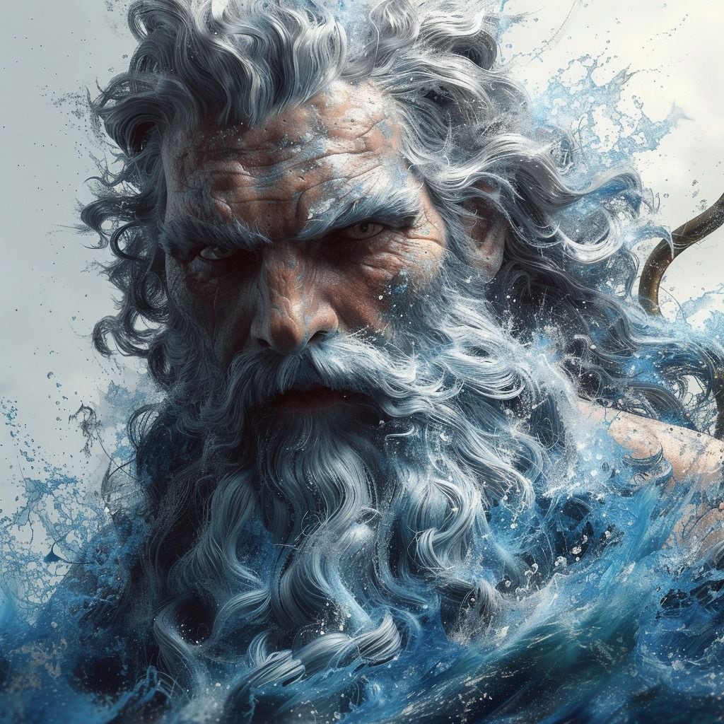 La IA nos transporta a un Poseidón contemporáneo, con cabellos blancos ondeando y una barba que habla de sabiduría.
