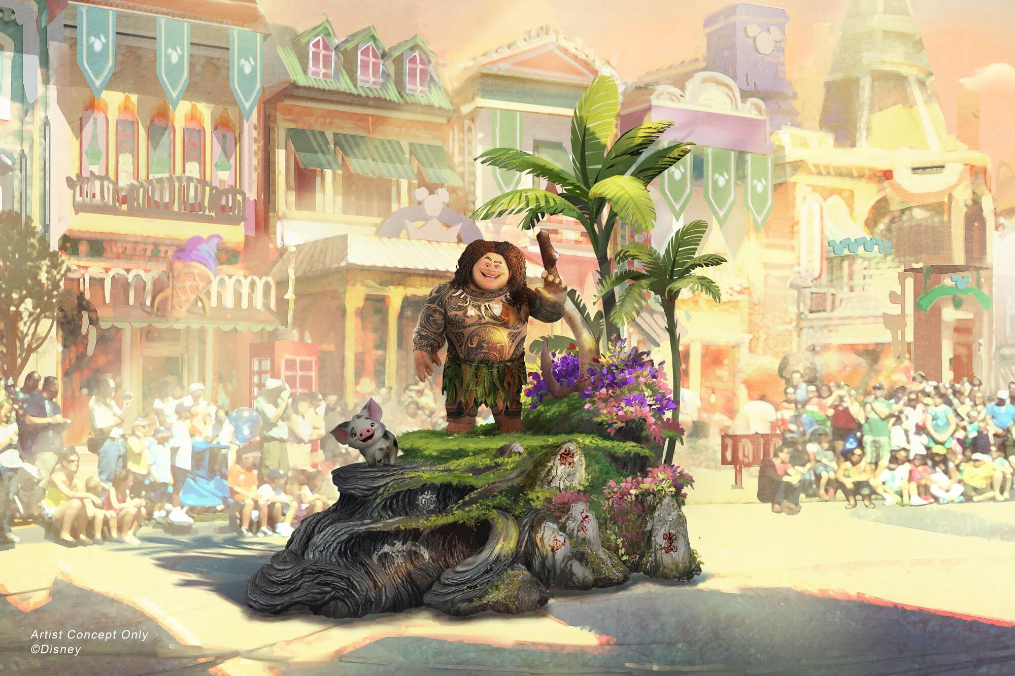 Set to debut Feb. 28, 2020, at Disneyland Park in California, the new “Magic Happens” parade will come to life with an energetic musical score and a new song co-composed by singer-songwriter Todrick Hall. The parade will feature stunning floats, beautiful costumes, and beloved Disney characters. Depicted in this image, guiding Moana on her journey is Maui, who travels along on his own magical piece of the islands with Moana’s adorable pet pig, Pua. (Disney)