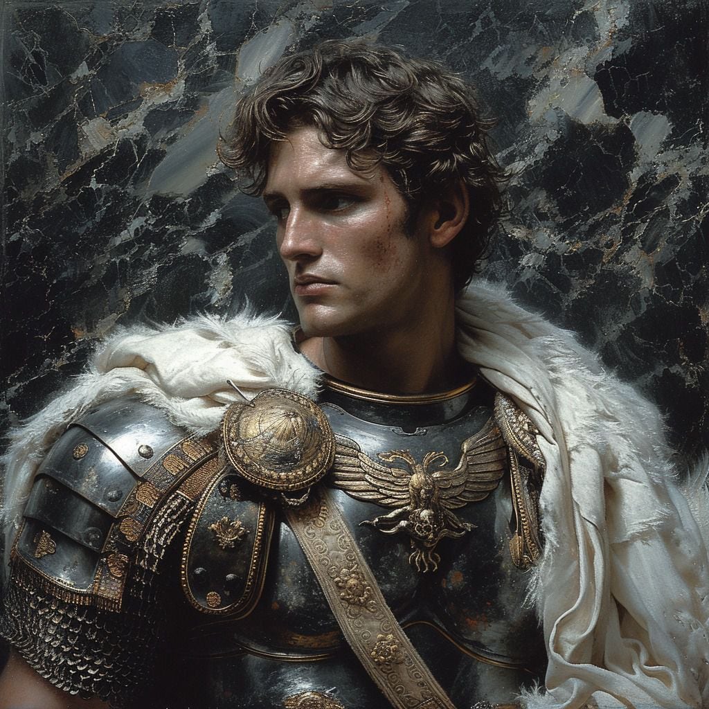 Alejandro Magno, representado con un cabello ondulado y fuerte musculatura, según la creatividad de la IA.