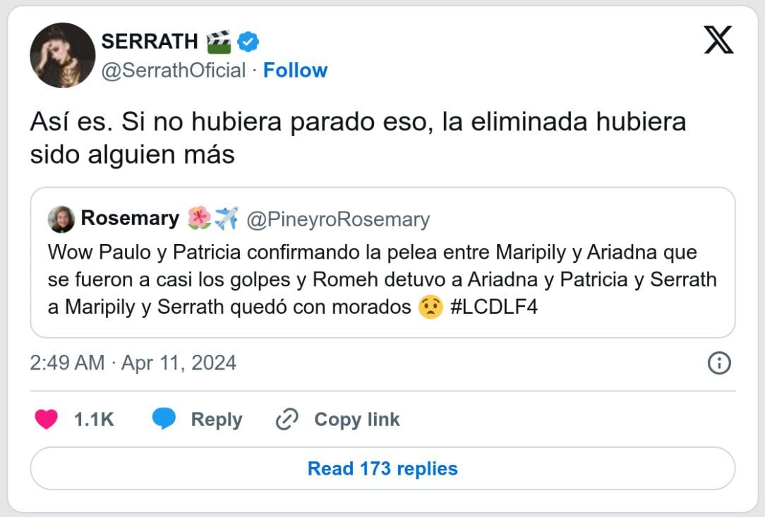 Tweet en el que Serrath confirmó la pelea entre Maripily y Ariadna.