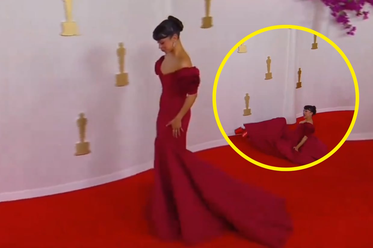 Liza Koshy se resbala en la alfombra roja de los Premios Oscar 2024/Twitter