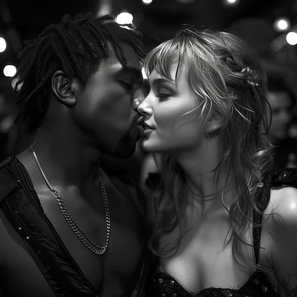 Kanye West y Taylor Swift en un beso.