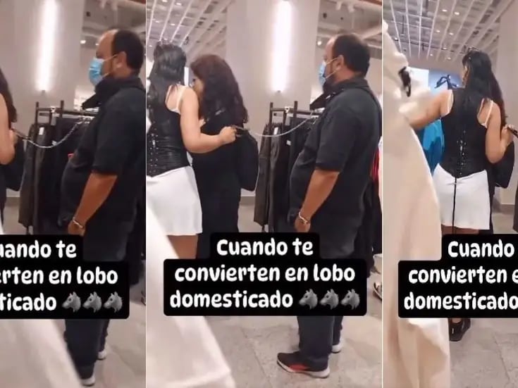 VIDEO: Captan a hombre con correa en el cuello jalado por su pareja en centro comercial