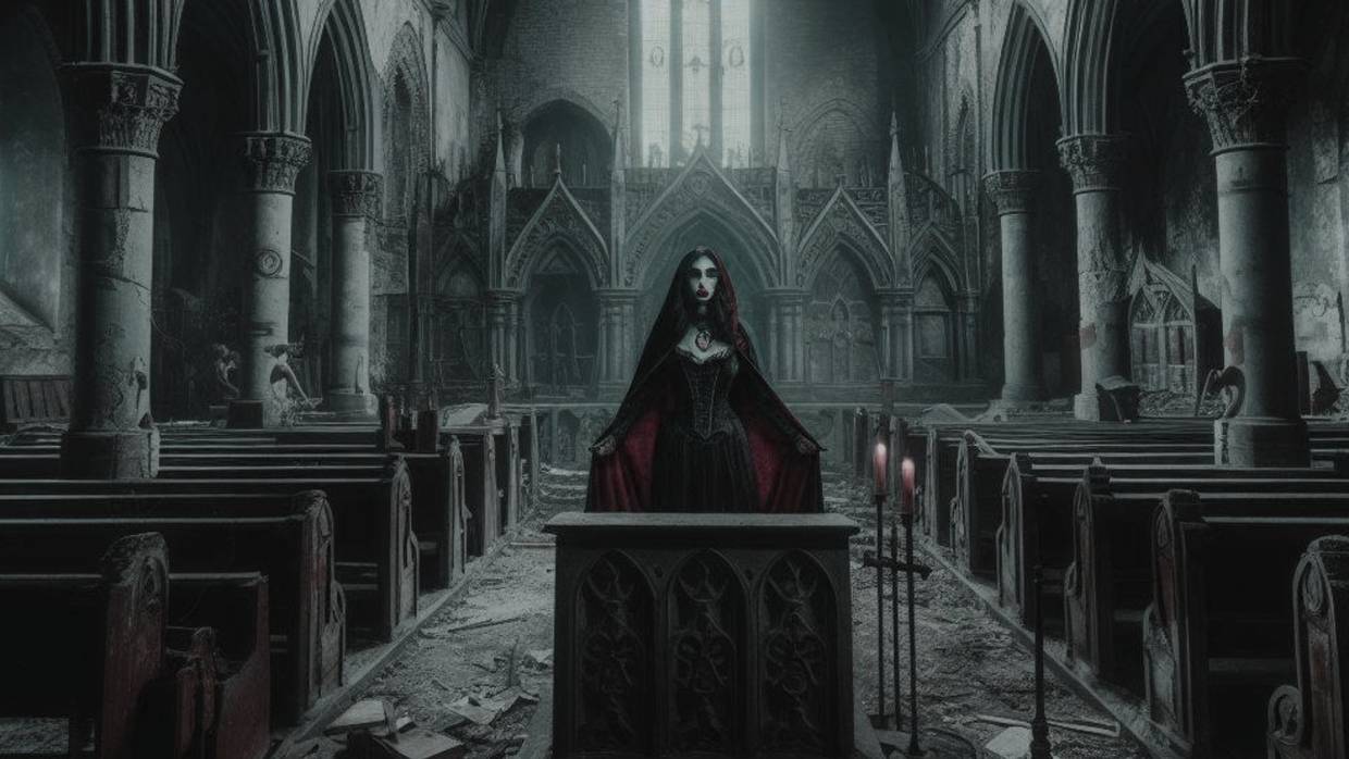 Una imagen ilustrativa generada con inteligencia artificial; una mujer vampira al centro en una iglesia visiblemente abandonada.