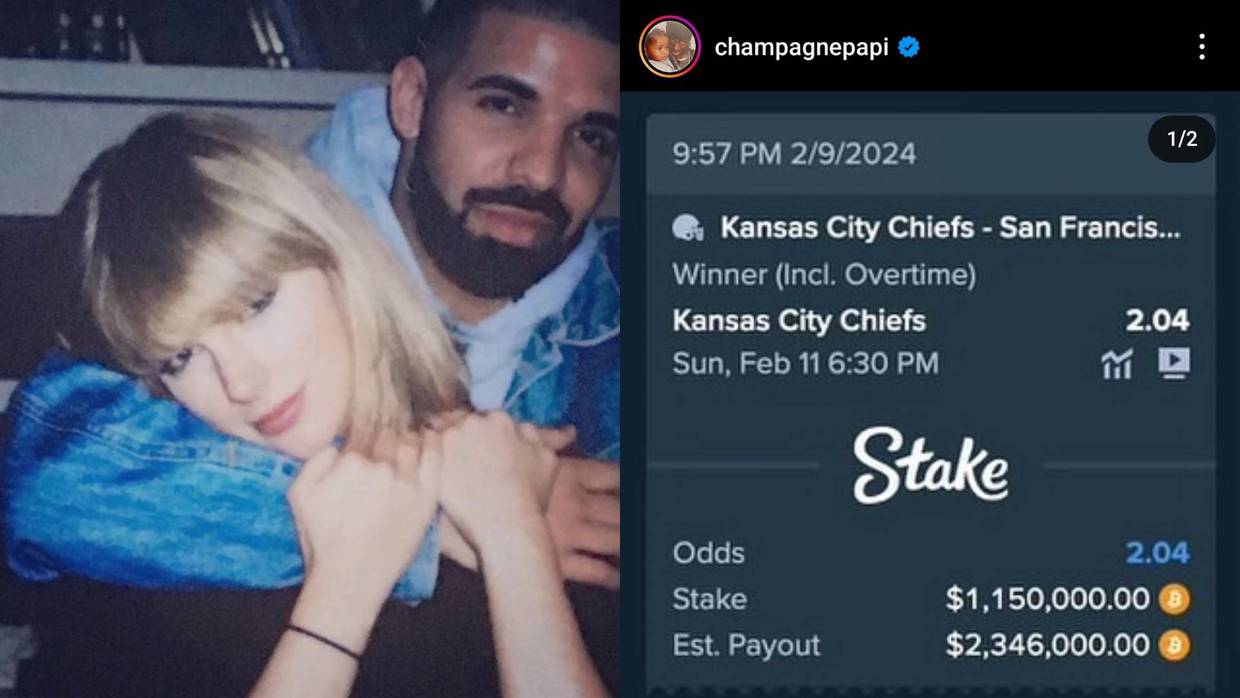 Drake apuesta 1.15 millones de criptomonedas por los Kansas City Chiefs: "No puedo apostar contra los Swifties"