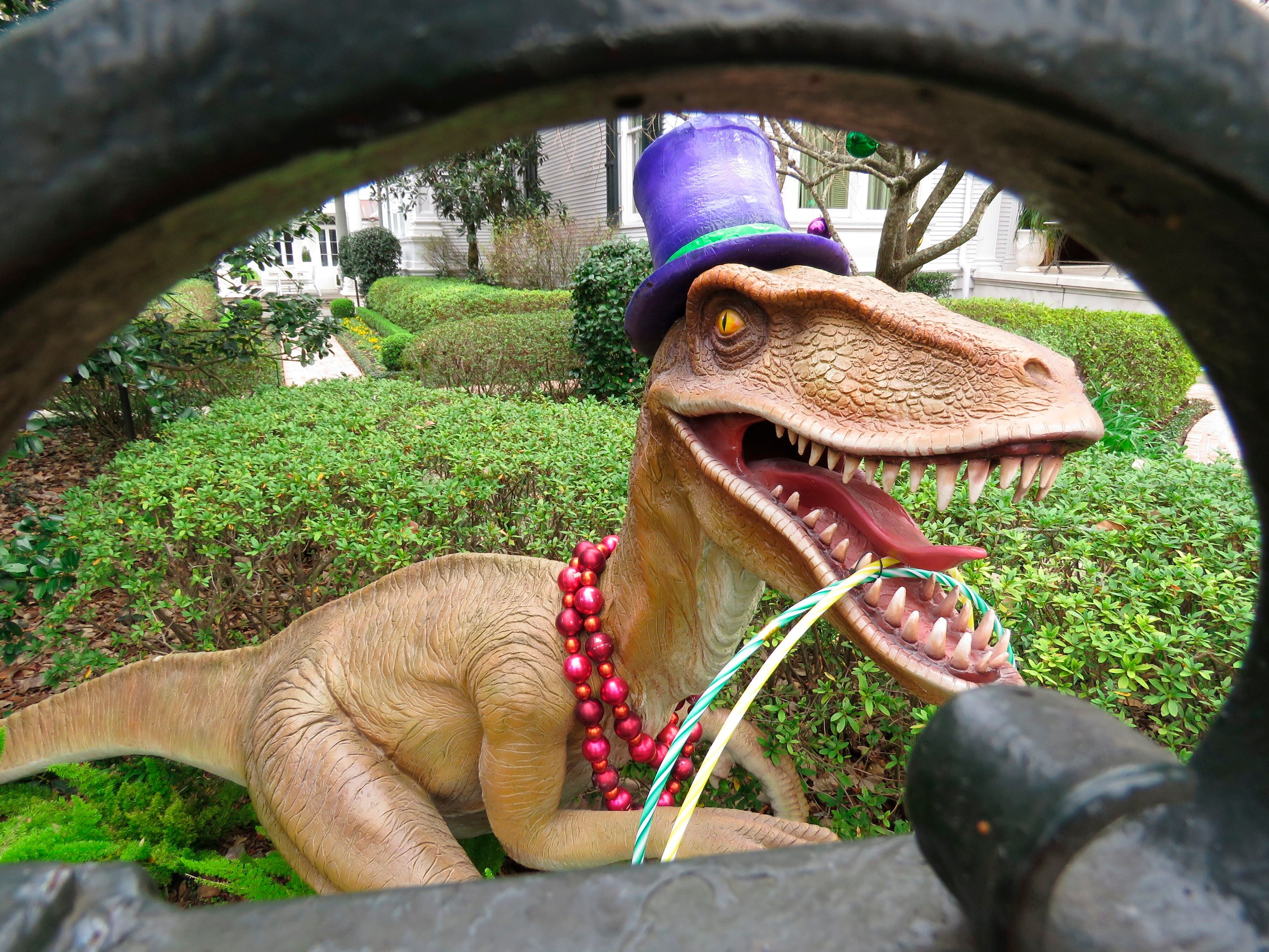 Un enorme dinosaurio ensombrerado decora una mansión en la avenida St. Charles de Nueva Orleans el martes 26 de enero de 2021. Con la cancelación de los tradicionales desfiles de Mardi Gras debido a la pandemia de coronavirus, miles alrededor de la ciudad han decorado sus casas para celebrar el Carnaval. (AP Foto/Janet McConnaughey)