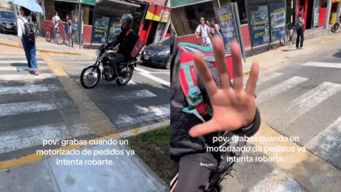 Joven graba el momento exacto en el que un repartidor en moto intenta robarle el celular (VÍDEO)