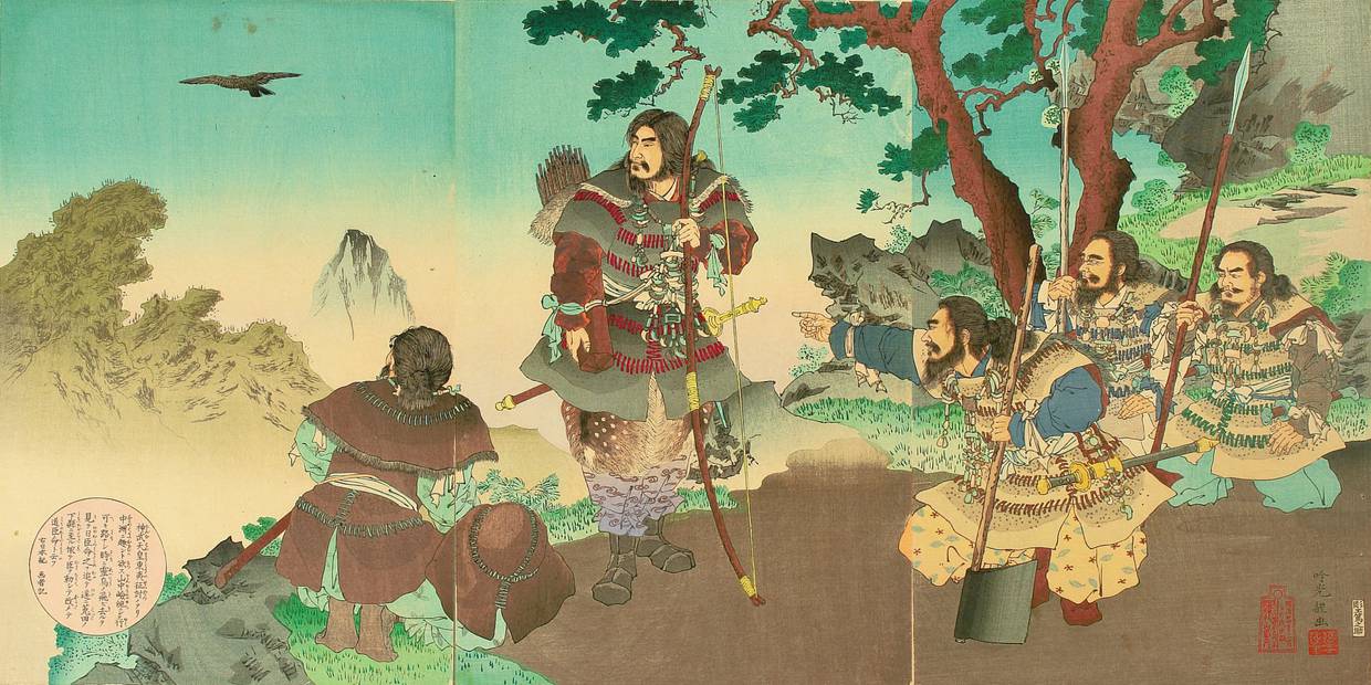El Emperador Jinmu (de pie) junto con sus hombres ven al legendario yatagarasu. Grabado de Ginko Adachi (1891).