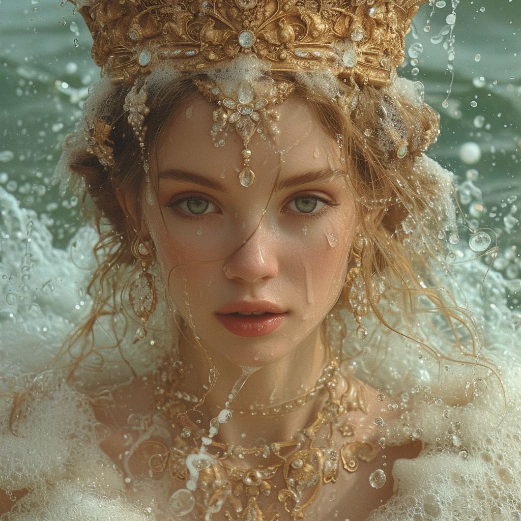 En la visión creada por la inteligencia artificial, Afrodita se presenta majestuosa, con una corona dorada y flores en su cabello, sumergida en las aguas marinas.