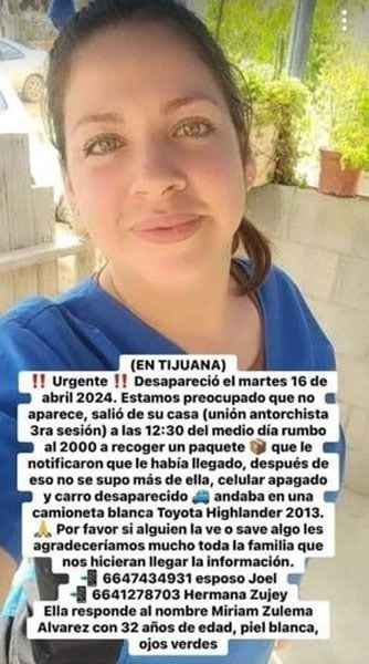 Miriam Zulema Álvarez fue vista por última vez el 16 de abril.