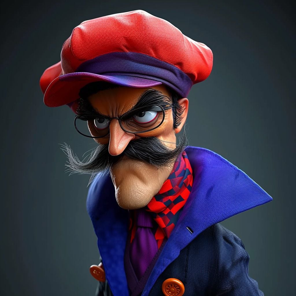 El villano de Los autos locos, Pierre Nodoyuna, se transforma en una figura real con un bigote estilo francés y un atuendo morado, cortesía de la creatividad de la IA.