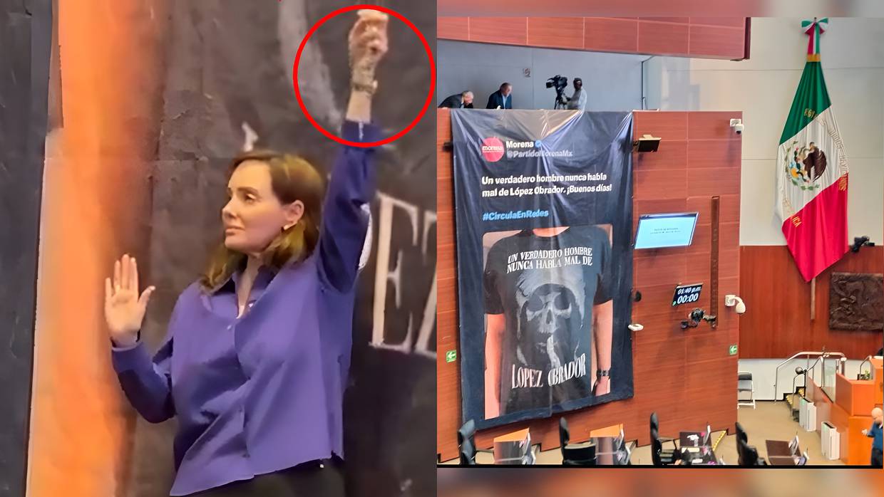 Lilly Téllez utilizó su rosario para colocarlo frente a la imagen de la supuesta Santa Muerte en el Senado de la República; en realidad era una playera con un meme de AMLO. | Especial