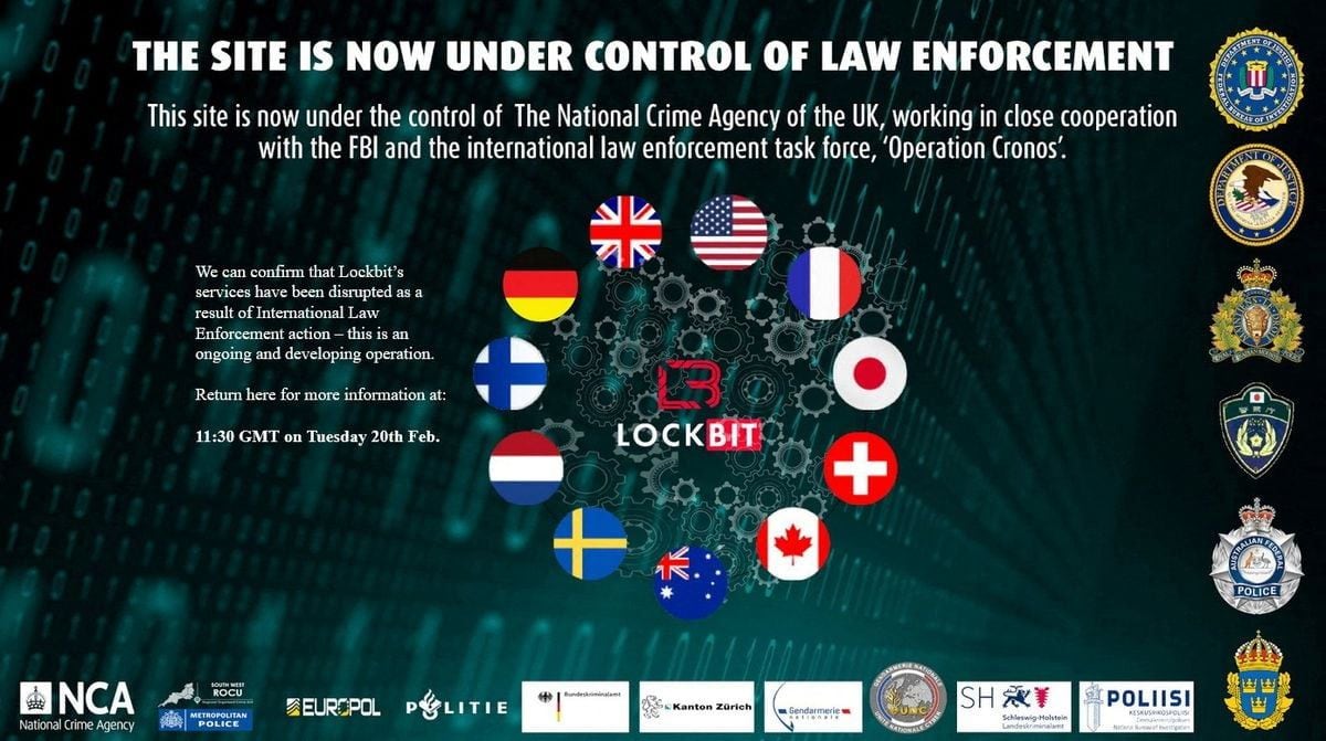 Una captura de pantalla tomada el 20 de febrero de 2024 muestra cómo aparece un sitio web oscuro llamado Lockbit después de que las agencias de aplicación de la ley tomaron el control del mismo y lo convirtieron en un sitio de filtración sobre el propio Lockbit. (REUTERS)