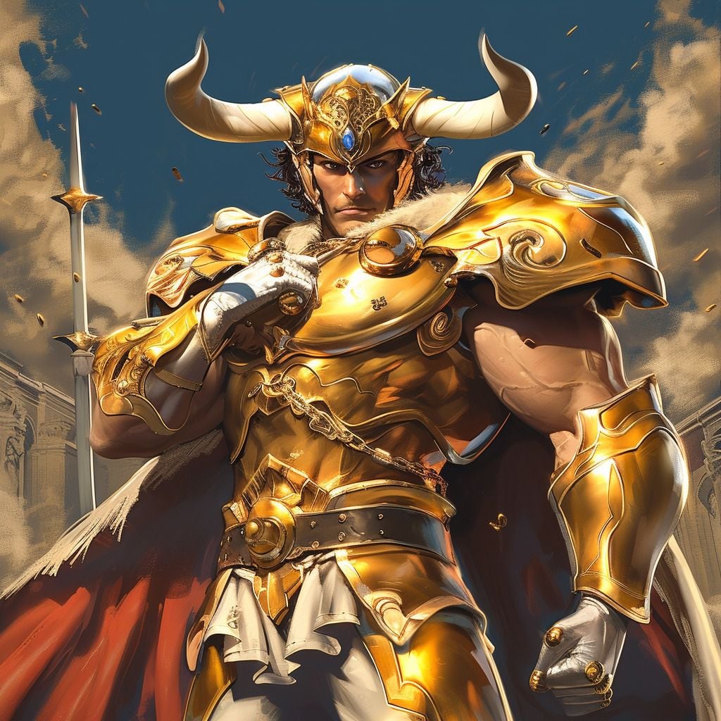 El Gold Saint de Taurus, Aldebarán, renace con cuernos y una armadura dorada en la interpretación de la IA de Midjourney.