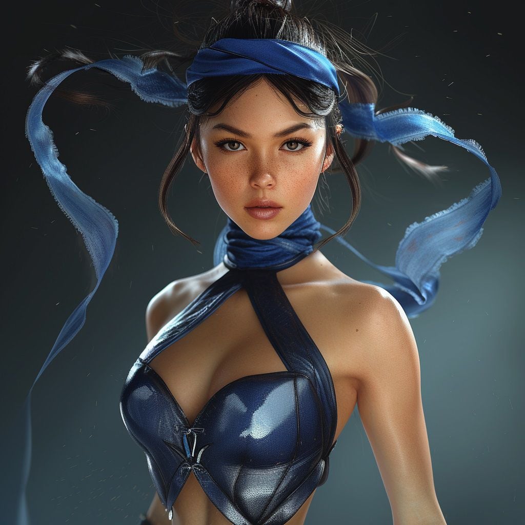 Esta imagen creada por la Inteligencia Artificial de Midjourney muestra cómo se vería Kitana, el personaje de Mortal Kombat, si fuera una persona real.