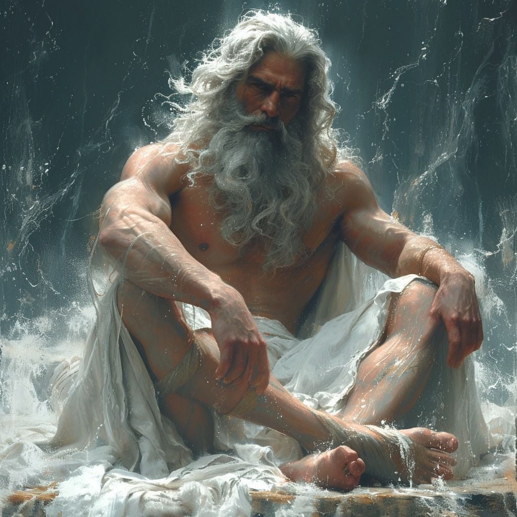Zeus Imponente: Representación visual de Zeus, generada por inteligencia artificial, destacando su imponencia con una larga barba blanca y un campo energético simbolizando su poder.