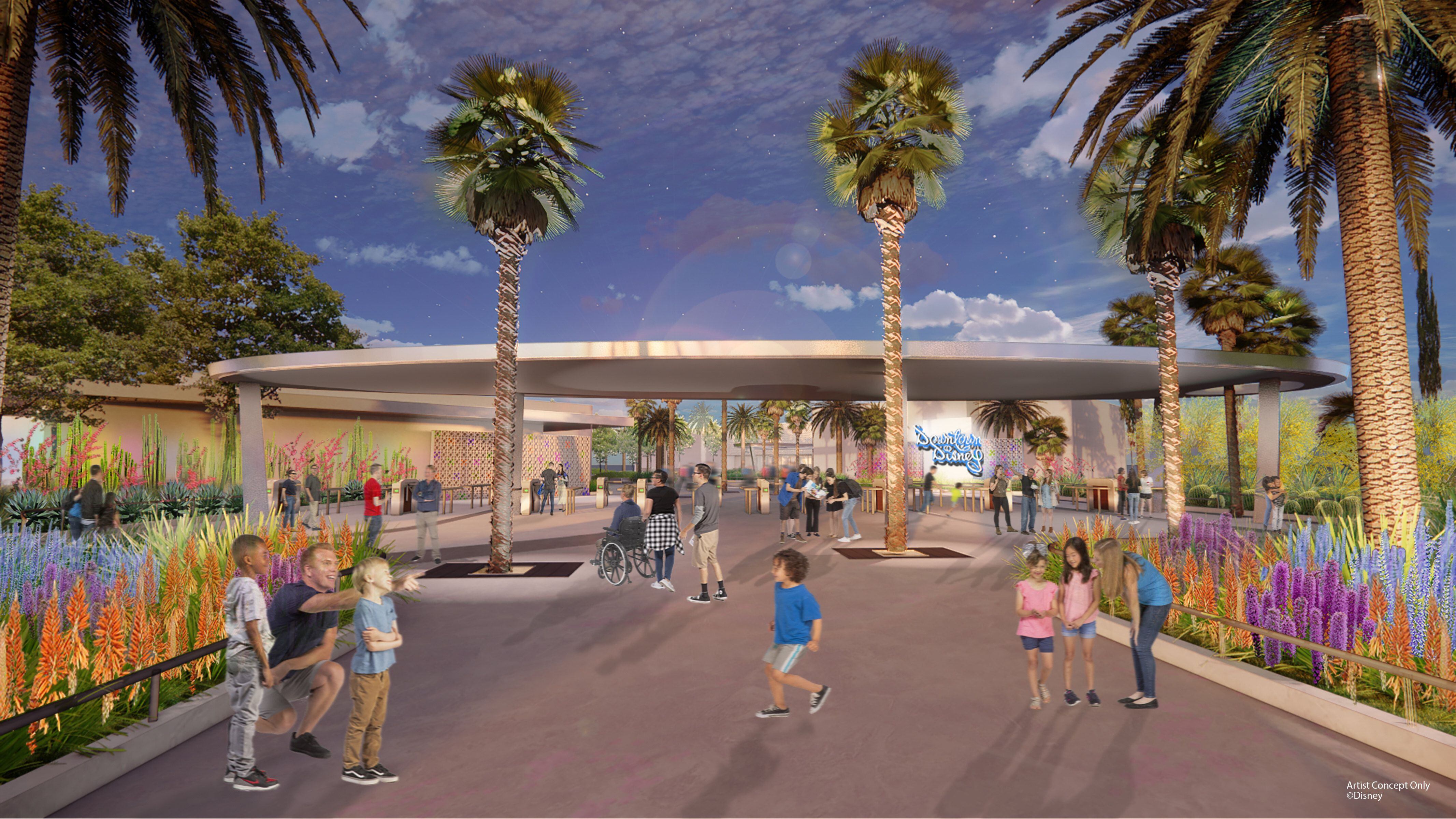 The evolution of the Downtown Disney District at the Disneyland Resort in Anaheim, Calif. began in 2018, and the transformation work continues to introduce more innovative shopping, dining and entertainment experiences. Drawing inspiration from Southern California mid-century modern architecture, the west-end area will be a beautiful blend of vibrant color palettes, design elements and patterns influenced by the region, and will include an open lawn for relaxation and future events, and an even broader and diverse collection of dining and shopping. (Artist Concept/Disneyland Resort) 
  
