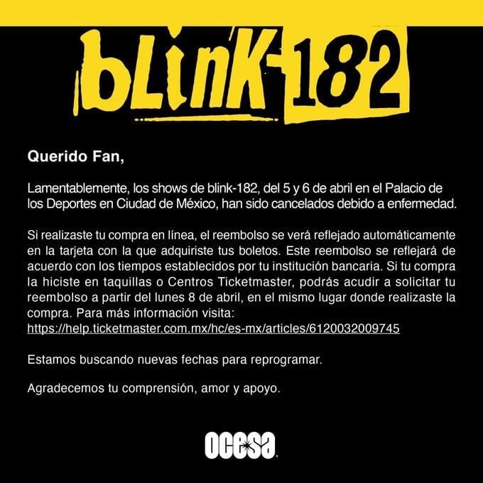 Ocesa detalla cómo aplicará el reembolso tras la cancelación de Blink-182 en México.