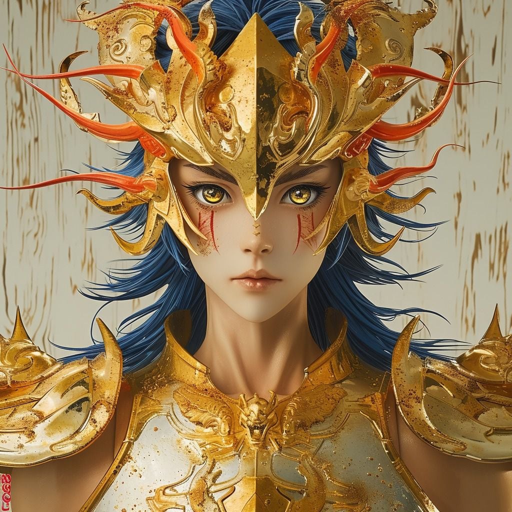 Death Mask, el Santo de oro de Cáncer, se erige como un antagonista formidable con su rostro japonés y su armadura dorada reluciente.