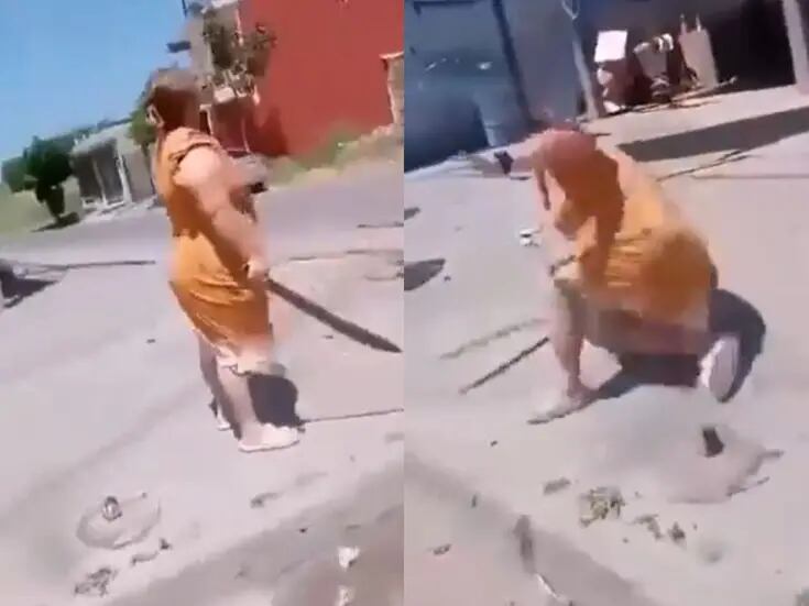 VIDEO: Mujer enfurecida se enfrenta a empleados de CFE con machete y se rompe un brazo