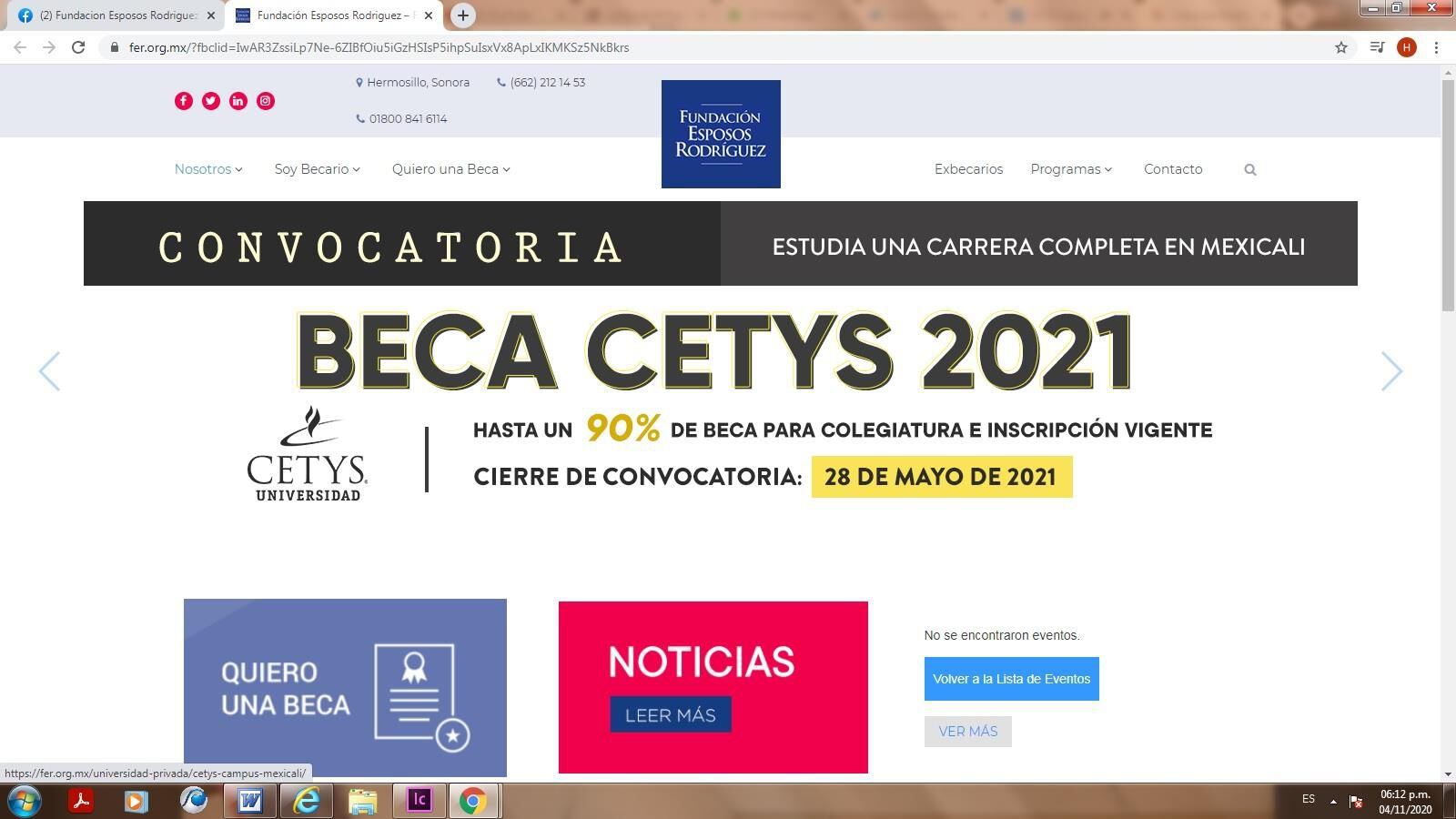 Página de la Fundación Esposos Rodríguez donde puede encontrar la convocatoria para becas.