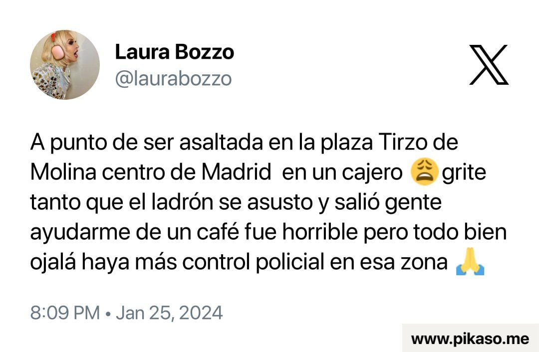 Tweet de Laura Bozzo sobre el casi asalto que sufrió el jueves 25 de enero.