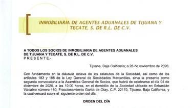 Convocatoria a Asamblea de Socios de Inmobiliaria de Agentes Aduanales