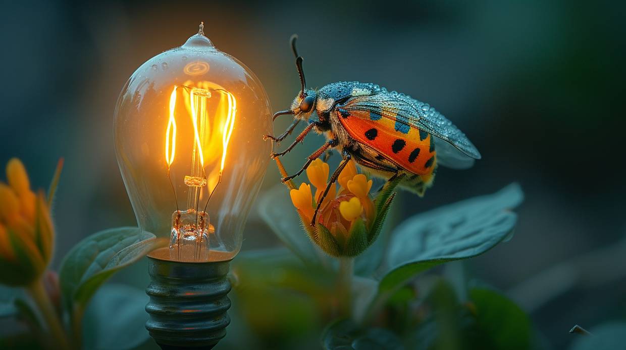 Imagen ilustrativa generada por Midjourney de un insecto frente a la luz en la noche.