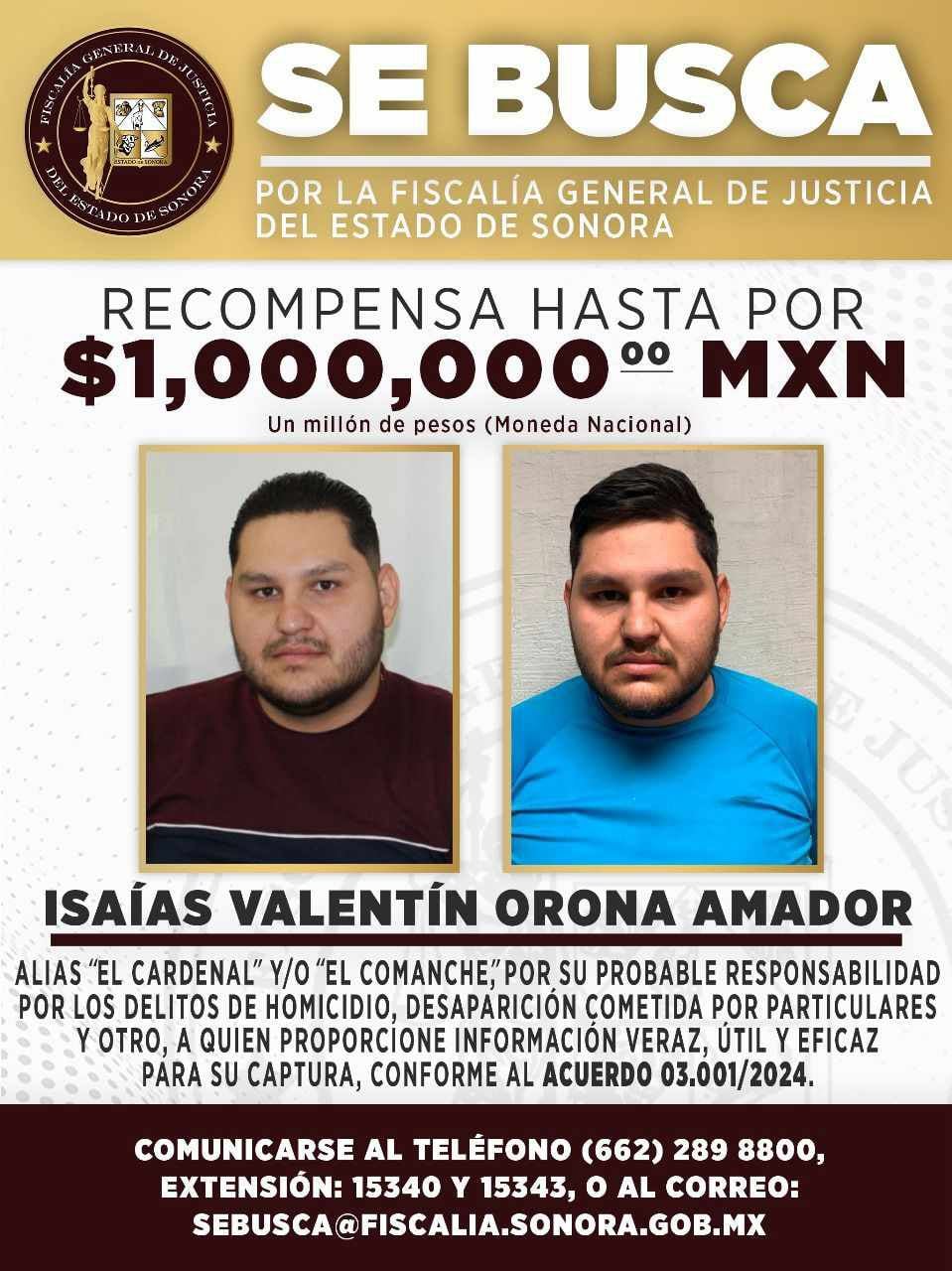 Una recompensa de hasta un millón de pesos está ofreciendo la Fiscalía General de Justicia del Estado (FGJE) a quien proporcione información. // Foto: Especial/El Imparcial