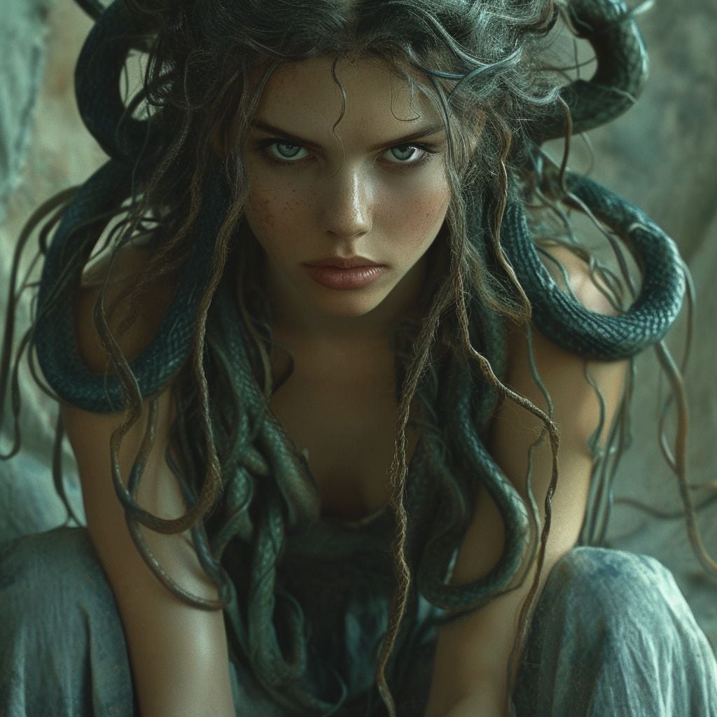 Medusa, la guardiana de la mitología griega, cuya belleza malévola redefine la imagen clásica.