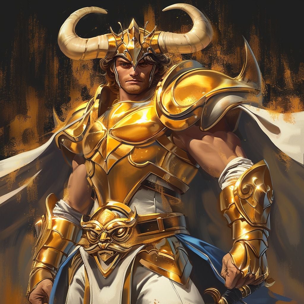 La reinterpretación realista de Aldebarán incluye detalles como picos en su armadura dorada, destacando su formidabilidad.