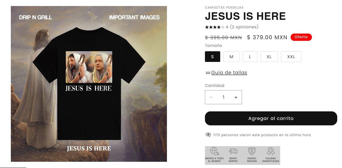 Camisas Pendejas ahora ha puesto a la venta de una camisa donde sale Jesús y a su lado sale el presidente Andrés Manuel López Obrador.