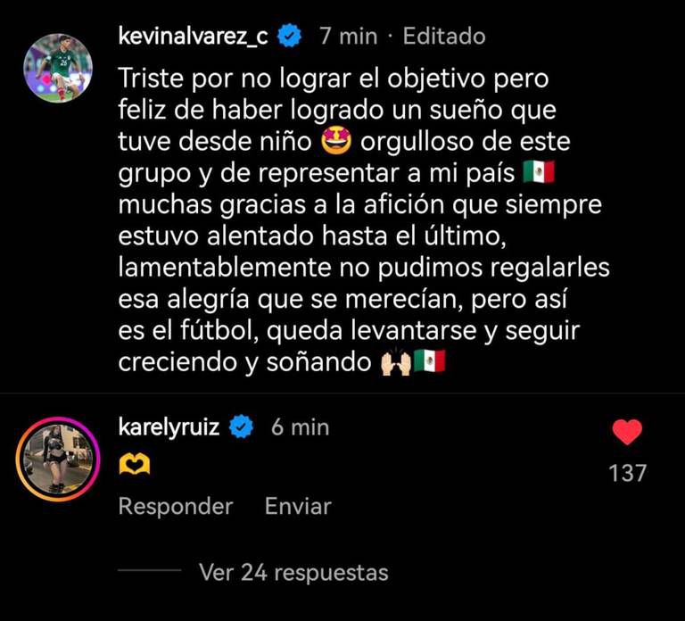 Karely Ruiz animó a Kevin Álvarez luego de que el mundialista quedara eliminado en Qatar 2022. | Captura Instagram